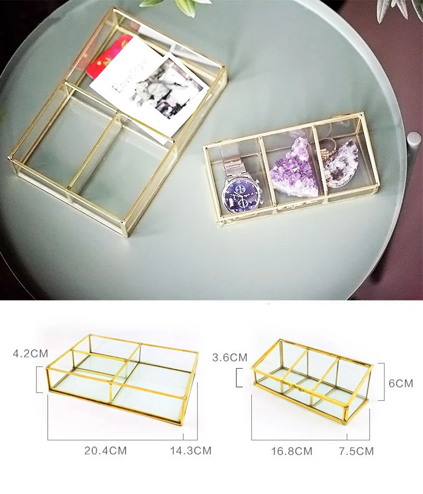 Три Сетки золотой обод стекло коробка для хранения роскошные современные ювелирные изделия Косметика Коробка для хранения Контейнер декоративный органайзер для дома