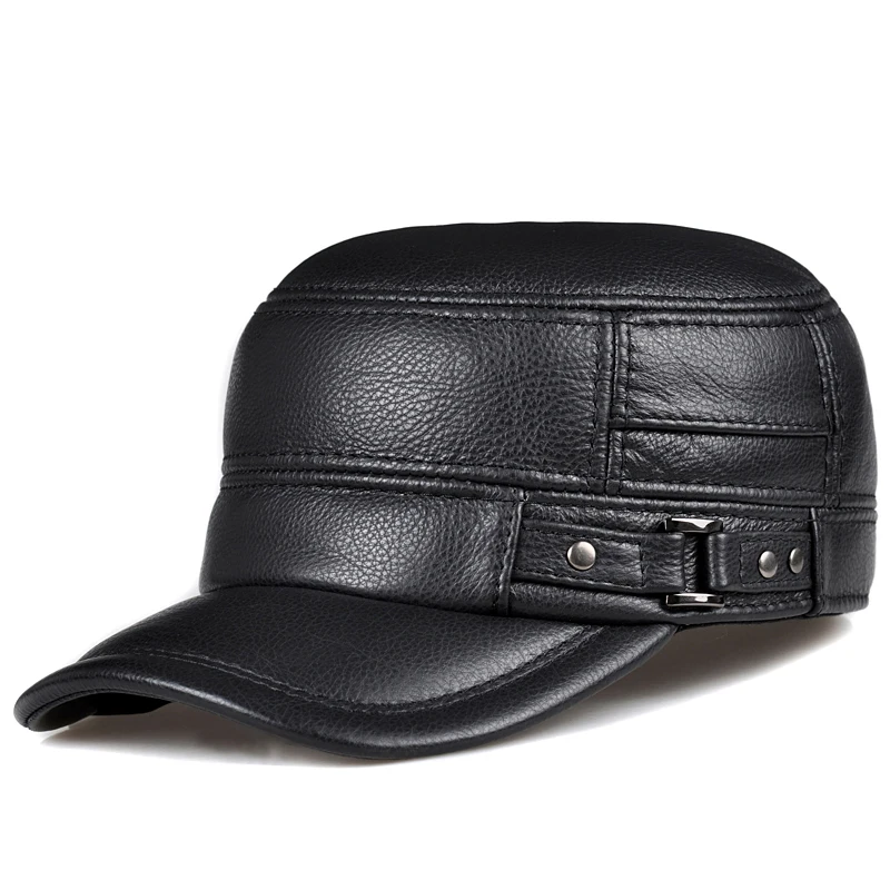 US $25.12 Ry108 Top Male Earmuffs Leather Flat Army Hats For Men Winter Ear Head Warm Chapeau Hombre Leisure Fishing Baseball Caps
