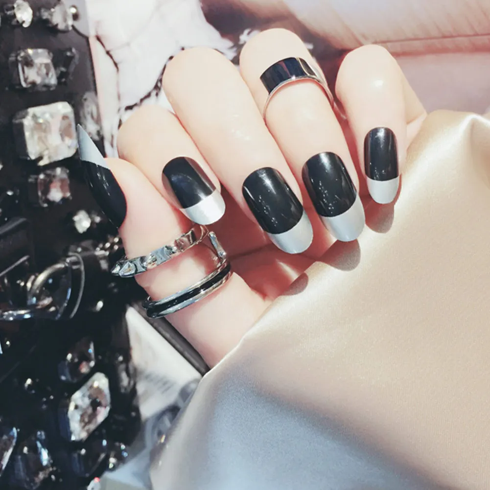 

24 Pcs/Set False Nails Tip Round Long Bling Nail Art Artificial Tips Accessories with 2g Glue @ME88