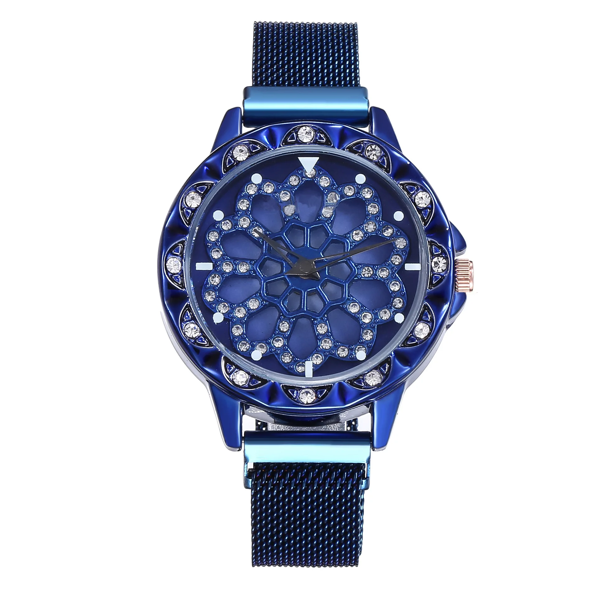 Женские кварцевые часы с поворотом на 360 градусов, стразы, нержавеющая сталь, сетчатый ремешок, наручные часы, модные роскошные часы с магнитной пряжкой - Цвет: Синий