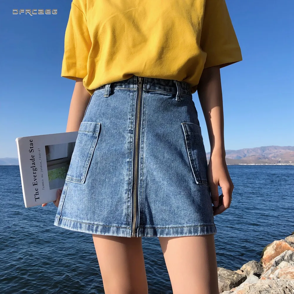 

Black Blue Women Zipper Denim Skirts Summer 2019 Fashion Casual High Waist High Street All-matched A-line Mini Jeans Skirt