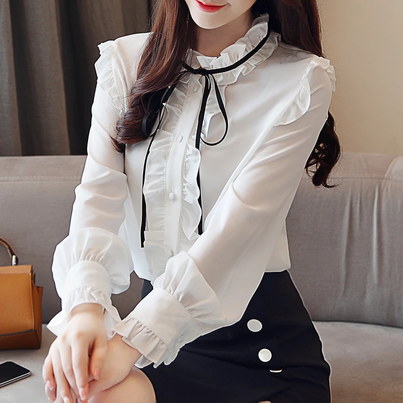 

2019 Women White Wine Red Long Sleeve Ruffle Chiffon Cardigan Tops Blouses , Korean Casual Sweet Lady Woman Top Shirts Blouse