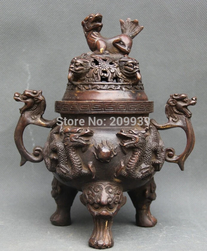

huij 005587 7.2"Old Chin ese Buddhism Bronze Dragon Lion Foo Fu Dog Incense Burner Censer statue