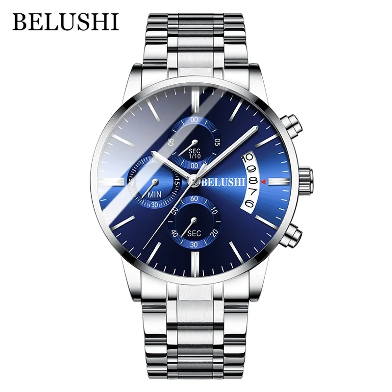 Silver Blue BELUSHI Модные мужские кварцевые часы с хронографом спортивные мужские часы лучший бренд класса люкс полностью стальные водонепроницаемые часы мужские наручные часы - Цвет: Silver Blue