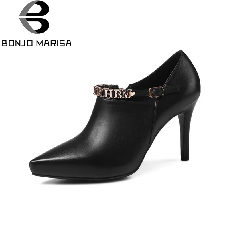 

BONJOMARISA 2018 Spring Autumn Brand Big Suze 33-40 Genuine Leather Women Deep Pumps Pointed Toe Letters Decoration Shoes Woman