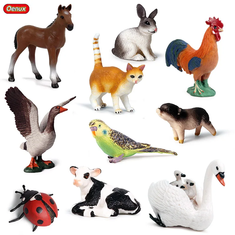 Oenux 10pcs/set Farm Animals Cow Hen Cat Pig Simulation Horse Insect Parrot Model Action Figures Figurines PVC Education kid Toy