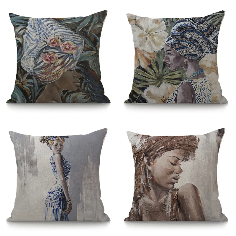 

Decoration Art African Oil Painting Cushion Cover Sofa Throw Pillow Case Africa Women Printed Cotton Linen Cushion Cover Car