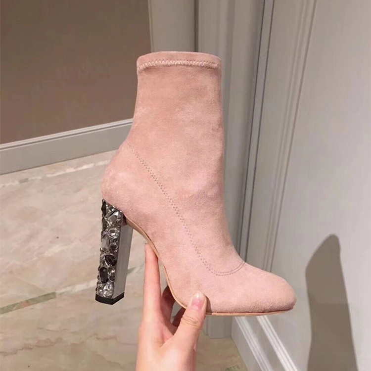 Pointed Otoño Botas Tacón Lujo Primavera As On Cuadrado Diseño Picture Colorido Cristal Mujeres Femeninos Kid Zapatos Botines Toe Slip Suede wF4q0qp6