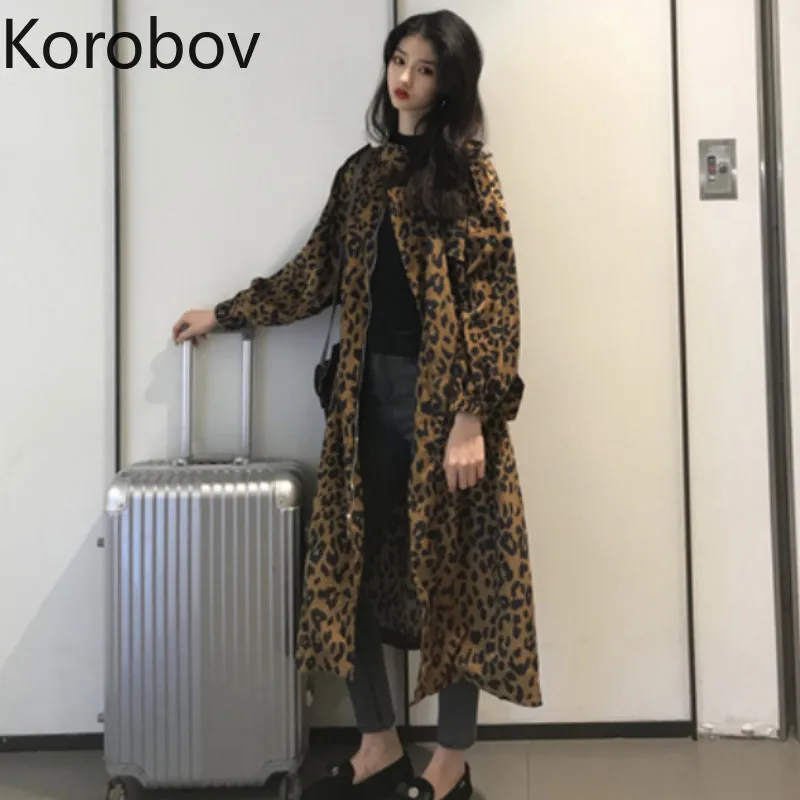 Женский винтажный Тренч Korobov с длинным рукавом и леопардовым принтом уличная