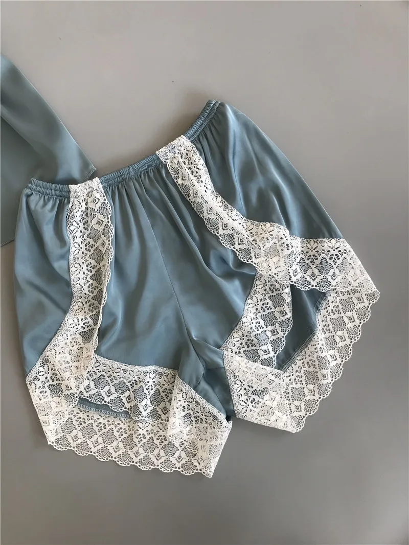 Queenral Women's Sleep Lounge Pajama Sets Sexy Lingerie Pyjamas Femme Silk Satin Summer Nightie Home Suit Sexy Lace Pijamas Set 5