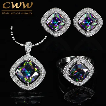 

CWWZircons Elegant Square Mystical Colorful Crystal Jewelry Set For Women Cubic Zirconia Necklace Earring And Ring Sets T264
