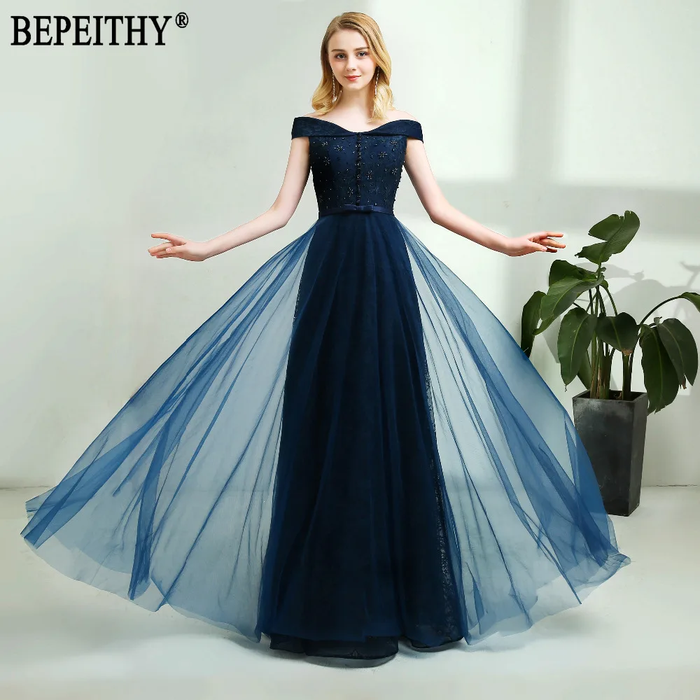 BEPEITHY дизайн vestido de festa Аппликация из бисера с открытыми плечами длинное темно-синее вечернее платье новое поступление