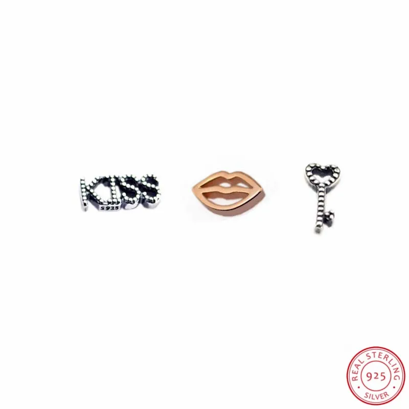 

S925 Kiss Script&Heart Key & Rose Gold Love Kiss Petite Locket Charm in 3pcs/set for Floating Locket Pendants & Necklaces FLS024