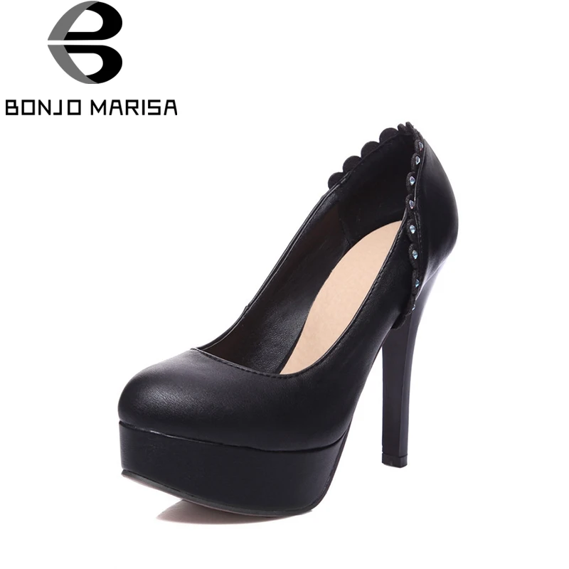 

BONJOMARISA 2018 Spring Autumn Sexy Super High Heels Date Pumps Platform Shallow Shoes Woman Elegant Bead Party Large Size 34-43