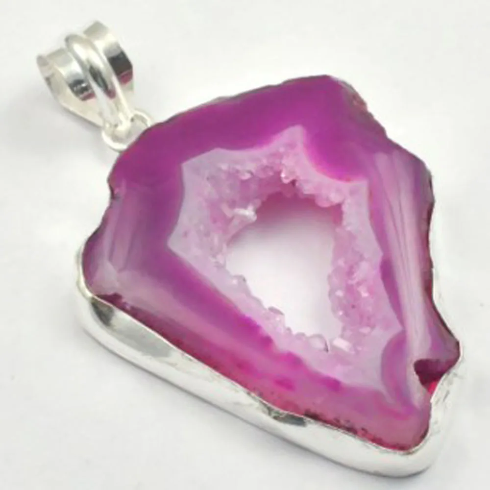 

Pink Solar Quarts Druzy Pendant Silver Overlay over Copper, Total Length: 65mm , P4170