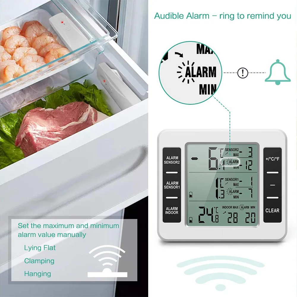 Беспроводной цифровой звуковой будильник холодильник термометр с 2 шт. датчик мин/Макс дисплей Крытый Открытый термометр