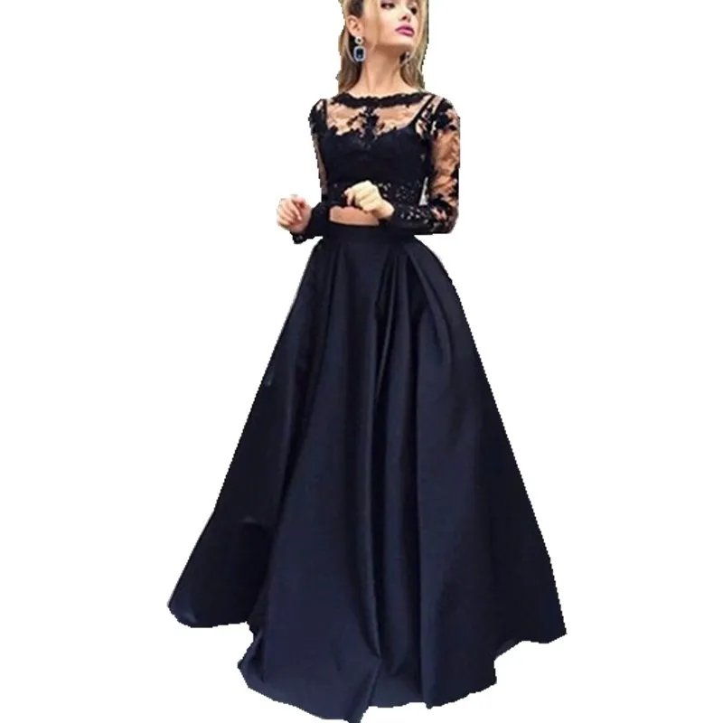 Custom made Black Two Pieces Evening Dresses Long 2019 Long Sleeve Prom Dresses Top Lace Prom Party Gown abiye gece elbisesi