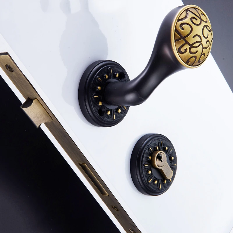 

European Style Black Bronze Brass Door Lock Round Handle for Bathroom/Bedroom Neoclassical Interior Solid Wood Door Lock