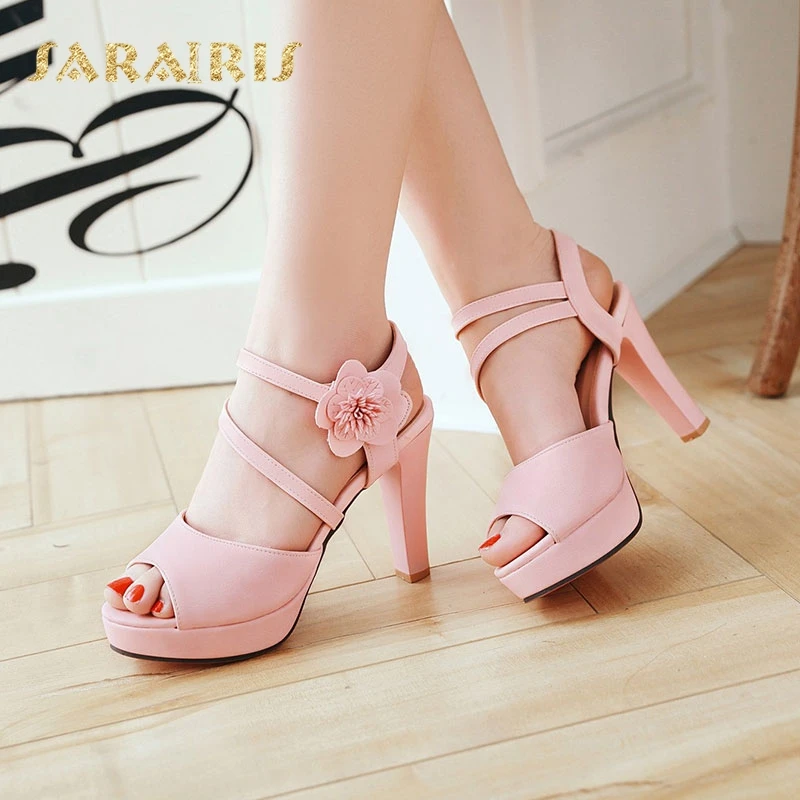 

Sarairis Flower Decoration High Heel Ankle Strap Open Peep Toe Platform Sumemr Shoes Woman Sandals Large Size 33-48