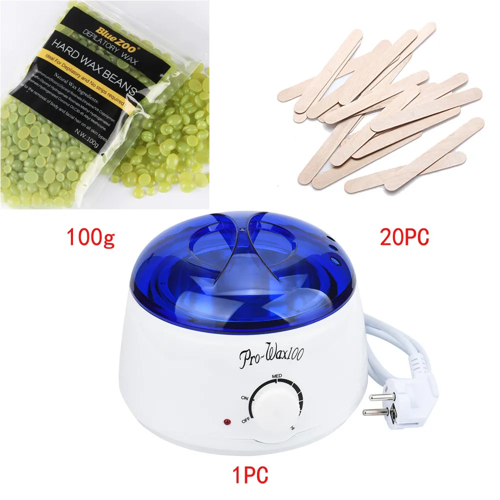 

2018 Hair Removal Wax Strip Green Tea Hair Removal Beans 20pcs Wiping Sticks EU Plug Hot Wax Warmer Heater Pot Depilatory Set