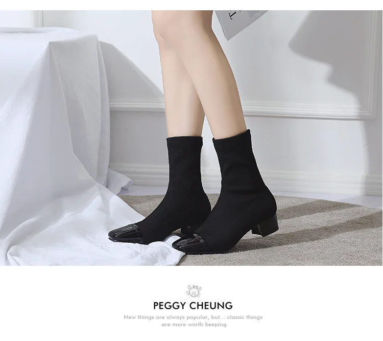 NEW Fashion Female mid calf Sock Boot Chunky Mid Heel Stretch Knit Bootie Elastic Square Toe Sexy Lady Shoe Women Brown Footwear