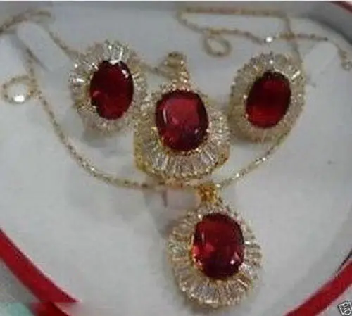 

free shipping>>> Red Crystal NecklacePendant Earring Ring Jewellery Sets + Chain NEW
