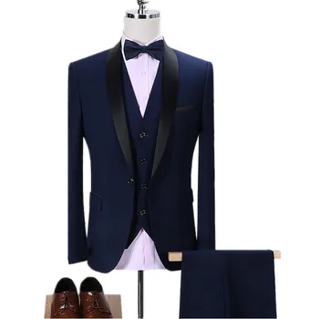 

3 Pieces Set Men's Business Blazers Coat / Man Slim Fit Color Matching Collar Suit Tuxedo Leisure Jacket Pants Vest Wedding