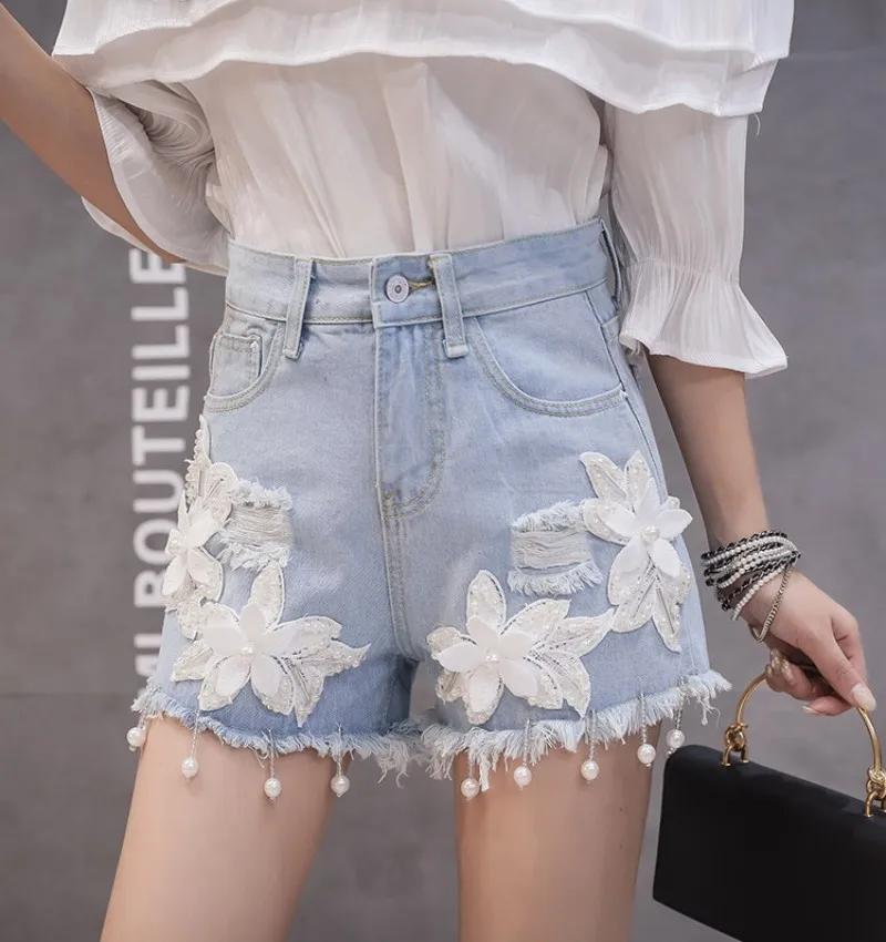 Harajuku BF дамы короткие женские джинсы шорты для женщин жемчуг бисер плюс размеры для уличная мода рваные Белый Высокая талия Цветок