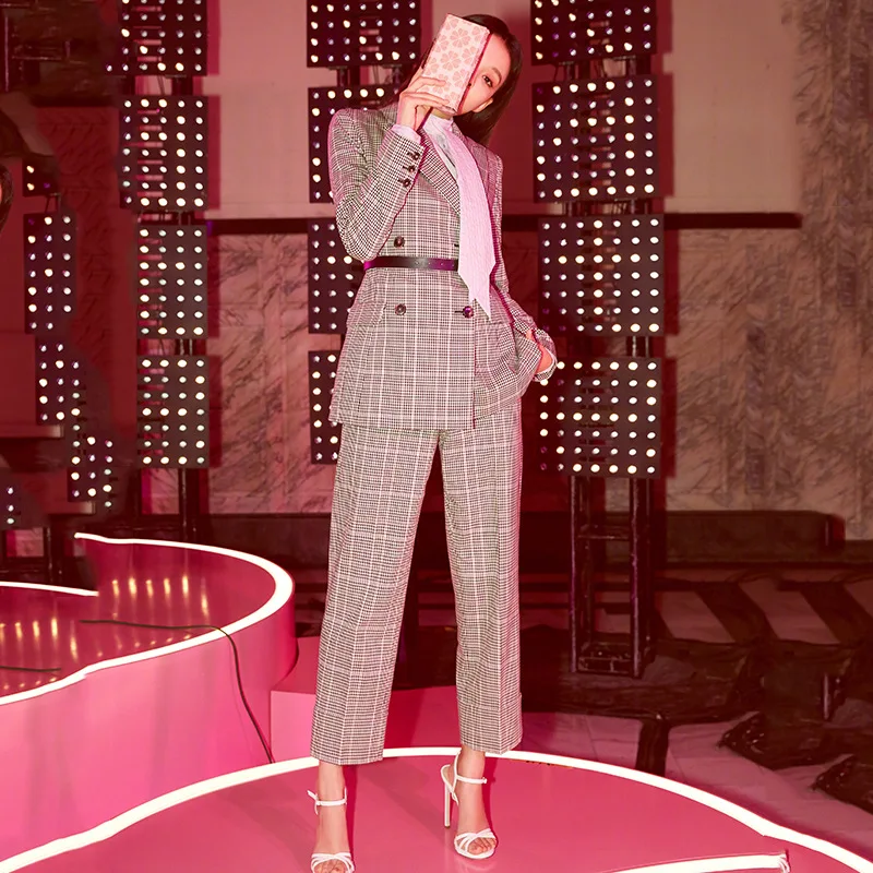 High quality 2019 New Office 2 piece set women Long Plaid Double-breasted women