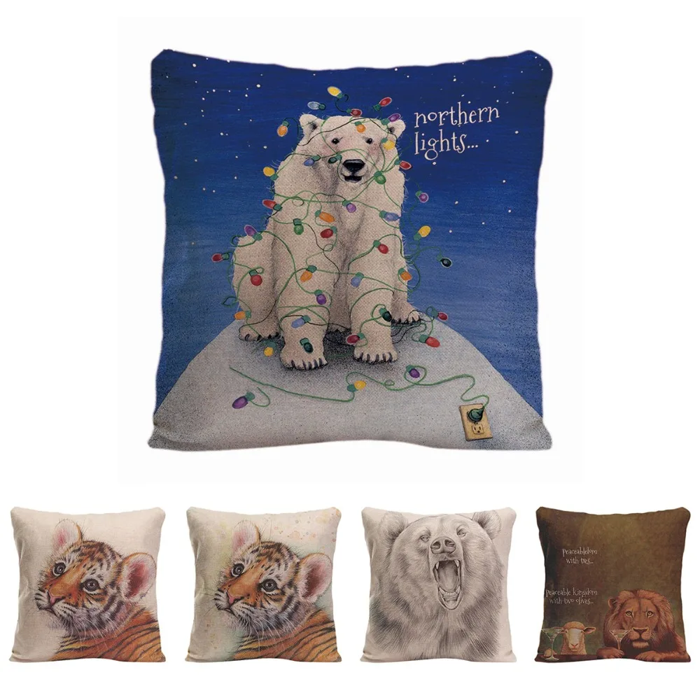 Painting Tiger Cushion Cover Decorative Pillow For Sofa Car Covers Lions Pillow Case Cotton Linen Animal Home Decor Pillowcase 