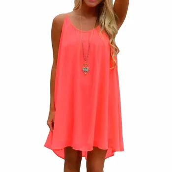 

Women Summer Dress 2020 fashion new arrive O neck spaghetti strap pure color plus size loose casual chiffon dresses 4496