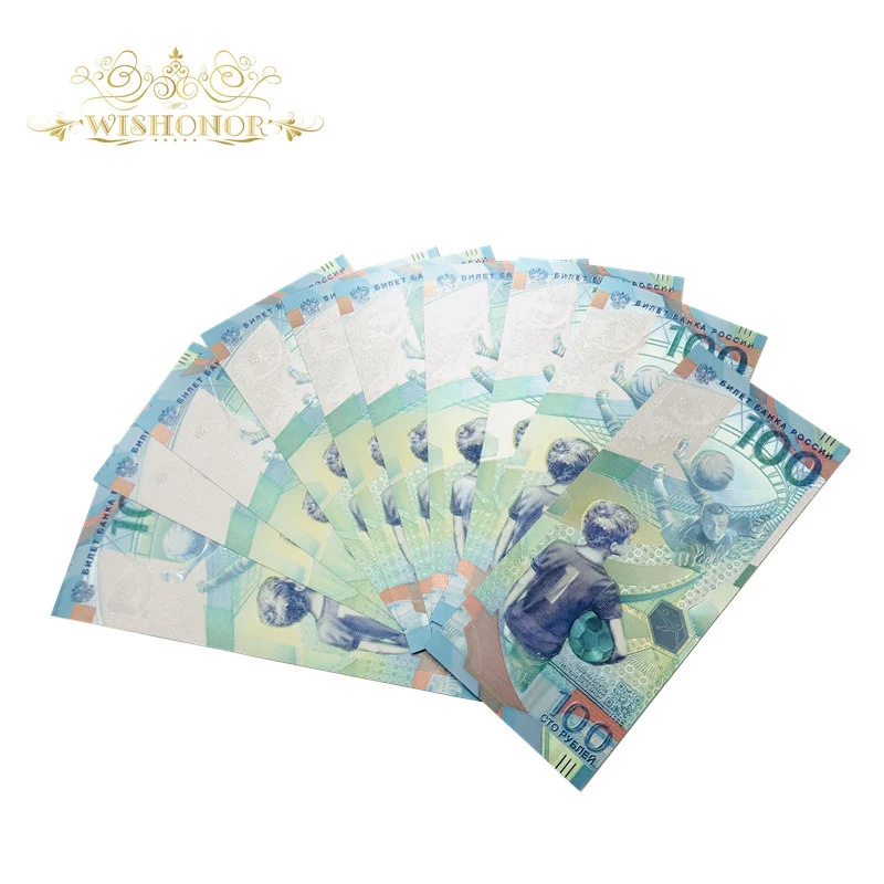 

10pcs/lot Hot Sales Color Russia World Cup Banknotes 100 Rubles Banknote in 24k Silver Paper Money For Collection And Gifts