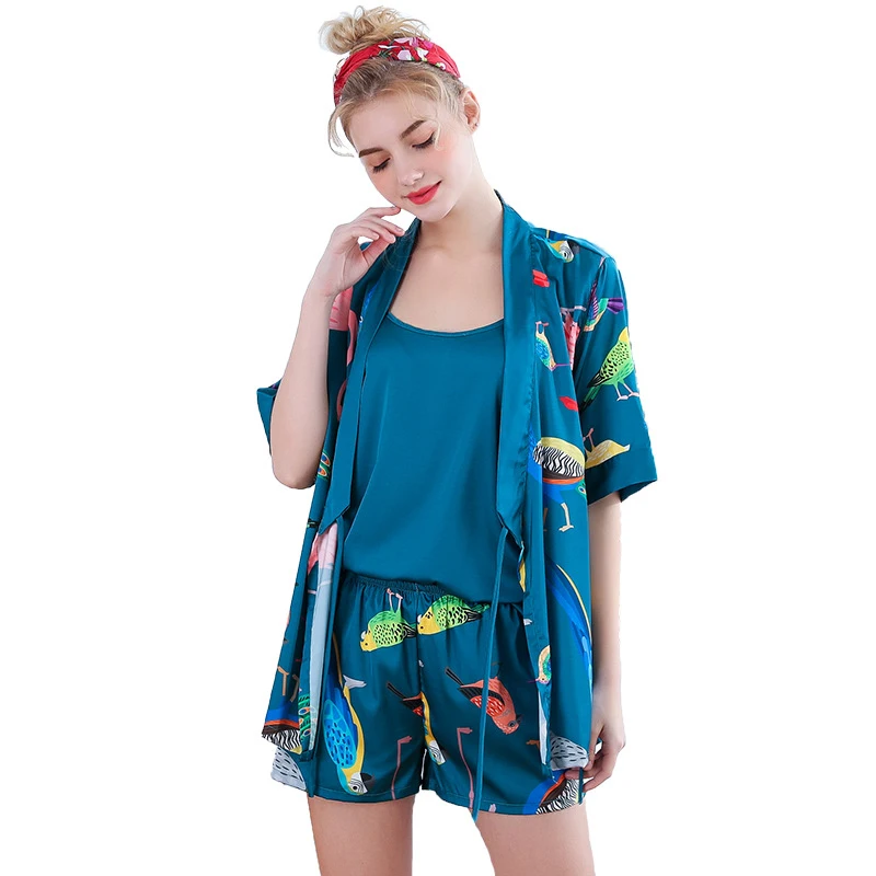 

SSH0312 Pajama Spring Summer Women Pajama Set Lady Satin Silk Sleepwear Sexy Robe Vest and Shorts 3pcs Pyjamas Female Nightwear