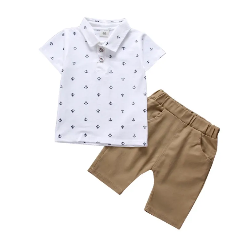 Комплект одежды для мальчиков, летний хлопковый комплект одежды для малышей с принтом якоря, темно-синие белые футболки и шорты От 1 до 5 лет, новая мода - Цвет: w