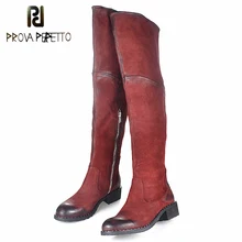Prova Perfetto Sheepskin Women Thigh High Boots Rivets Studded Over the Knee Boots Flat Solid Color Martin Boot High Botas Mujer prova perfetto punk style women ankle boots special two kinds of wear rivet studded martin boots lace up genuine leather botas
