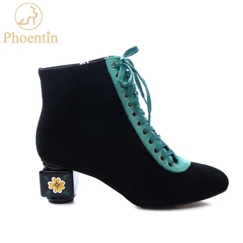 

Phoentin mixed colors lace up ankle boots women with zipper 2019 short boots ladies flower medium strange heels suede shoe FT535