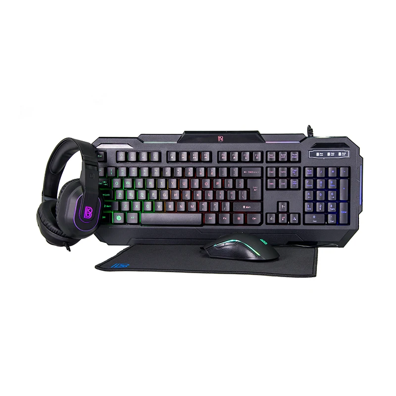 

4 in 1 Computer peripheral device Gaming kits include Keyboard mouse mat and headphone in Color box