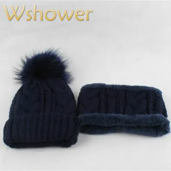 

Children Hat And Scarf Sets Real Fur Pompom Winter Hat Scarf Set For Kids Boy Girl Fur Pom Pom Knitted Neck Warmer Beanie Cap