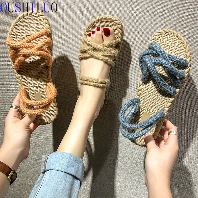 

Straw hemp rope women's sandals 2019 new outdside casual flat sandals slippers Korean wild lightweight comfortable beach shoes