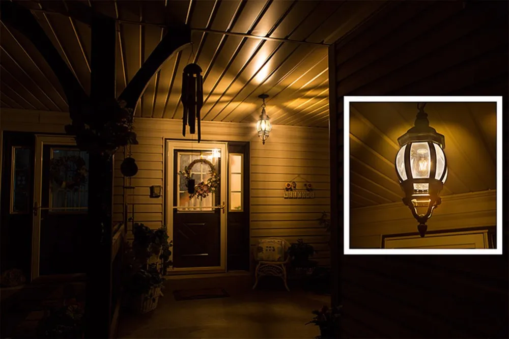 porch-light-antique-fixture-gold-tinted-filament-bulb-front-door