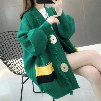 

Spring autumn lazy Contrast Color Pocket women Knit cardigan Korean Style loose Big Button Tassel Lantern Sleeve sweater coat