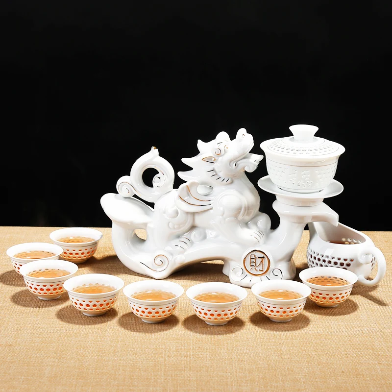 

11PCS/Lot Creative Automatic Openwork Ceramic Porcelain Tea Set Tea Cups Fair Cup Art Base Gaiwan Kit Anti-hot Kung Fu Tea Set