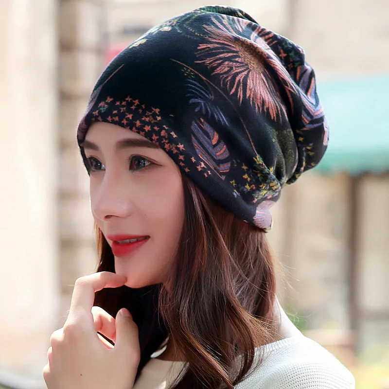 Long Keeper Hot! Women Hat Polyester Adult Casual Floral Women Hats Spring Autumn Female Cap Scarf 5 Colors Fashion Beanies