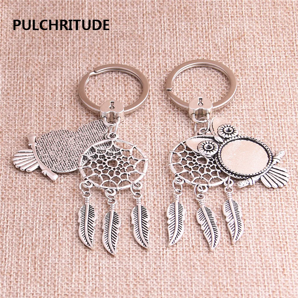 Pulchritude 2 шт. античный серебряный сплав цинка Кабошон Установка Fit круглый 20 мм Диаметр Сова Форма кольцо для ключей Dream Catcher ювелирные изделия diyc1166
