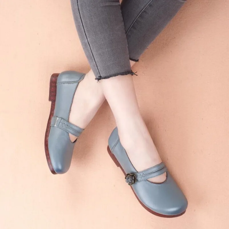 À Main Enceintes Rond Chaussures Femmes pu 2018 Fond Noir En Mary Véritable Automne Cuir Plates Rétro Ciel Appartements Bout La Mou Mère jaune Jane wfSqxzqP