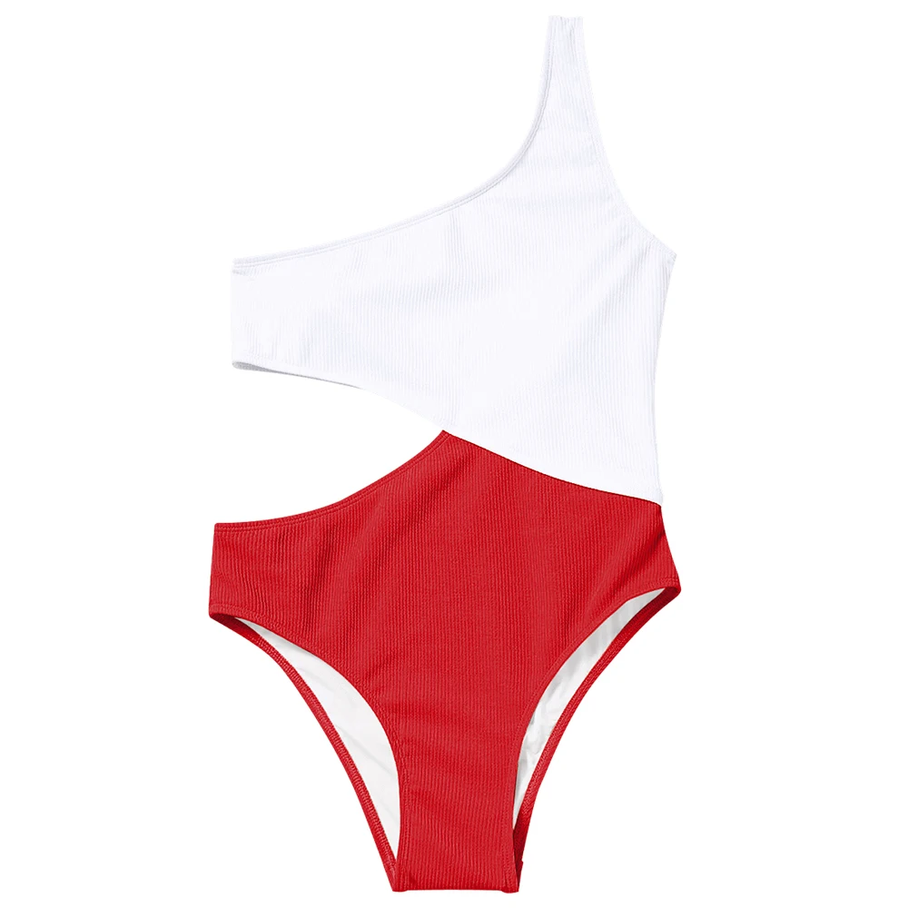 ZAFUL, купальник в рубчик, два тона, на одно плечо, купальник с вырезами, купальник для женщин, на подкладке в стиле пэчворк, спортивная одежда, сексуальный купальник - Цвет: Red