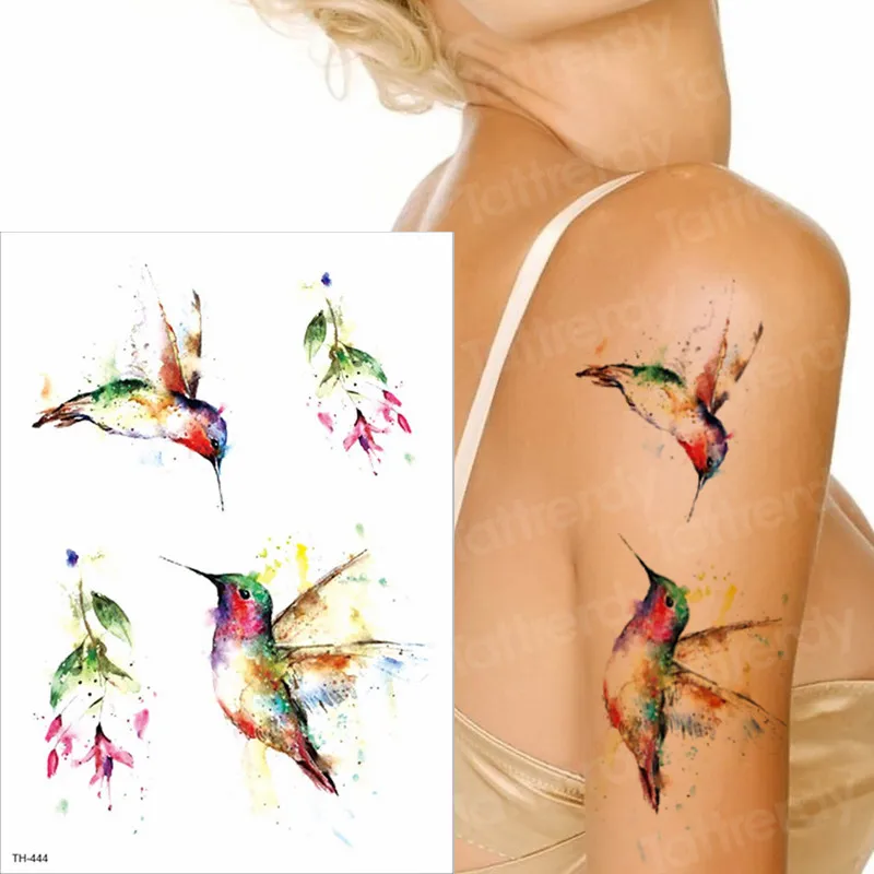 Водные Цвета Колибри временные фальшивые татуировки боди-арт стикер водонепроницаемый ручная птица татуировка для женщин рука Мужская Татуировка водный цвет