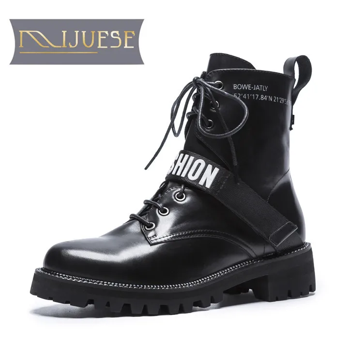 

MLJUESE 2019 women ankle boots cow leather lace up black color winter warm fur boots low heel women martin boots size 34-40