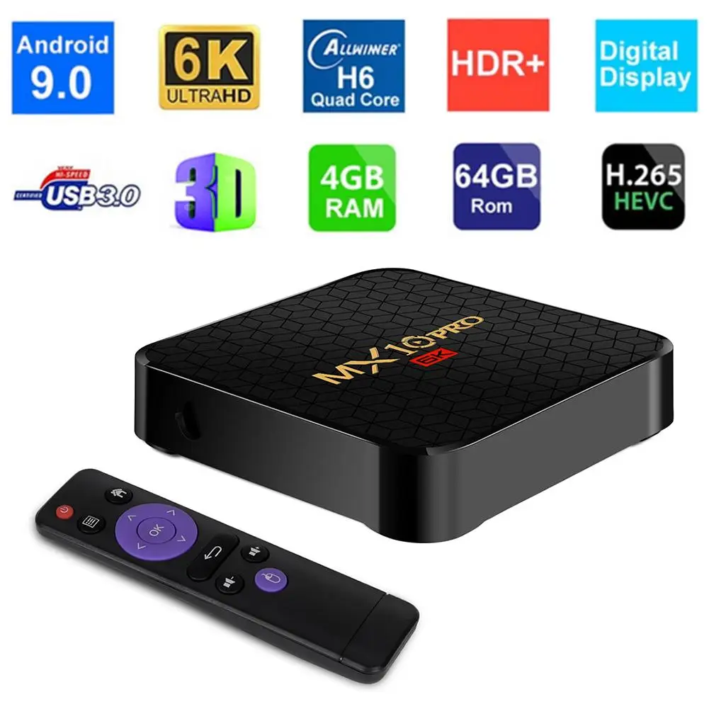 

For MX10 Android 9.0 Smart TV Box 4GB 64GB Bluetooth 6K Quad Core USB3.0 HDR Remote Control WiFi Home Audio Network Media Player
