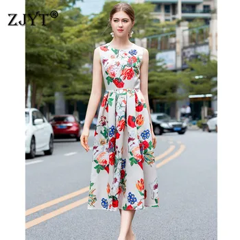 

2019 Spring Summer Fashion Runway Dress Women High Quality Designer Sleeveless Flower Print Beading Mid Calf Tank Dresses Party